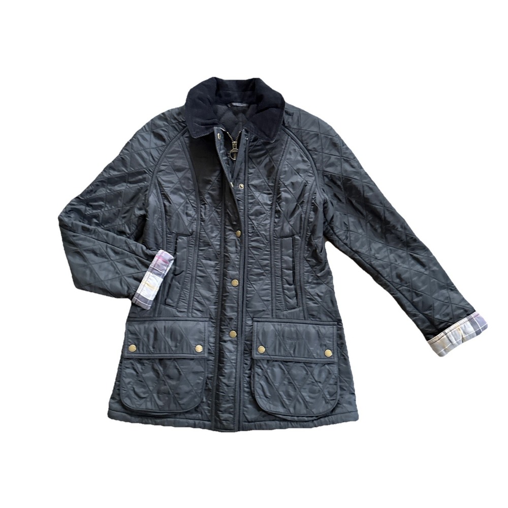 Barbour Quilted Tartan Jacket Women 4 Black Corduroy Collar Plaid Cuffs Country